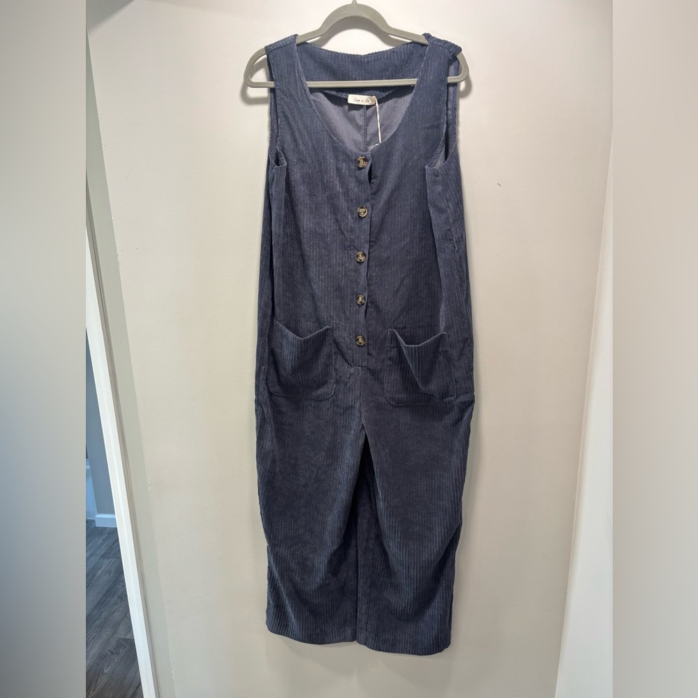 Corduroy Button-Front Jumpsuit in Slate Blue